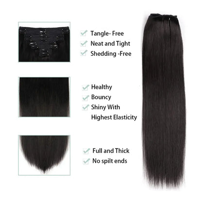 Straight Clip-In Hair Extensions – 8 Piece Full Head Set, 120g Brazilian Remy 100% Human Hair, Natural Black