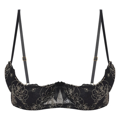 Women's Lace Push-Up Bra - 1/4 Cup Underwire Bra with Removable Pads, Embroidered Lace & Supportive Balconette Design