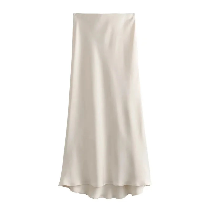 TRAF Women’s 2024 Satin Skirt — High Waist Black Midi Summer Skirt, Elegant Office Long Skirt for Women