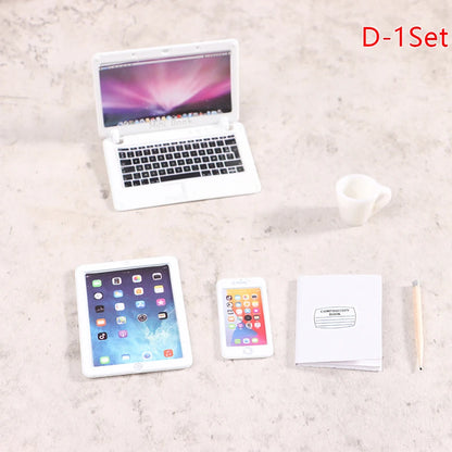 6–7PCS 1:12 Dollhouse Miniature Study Desk Set — Laptop, Phone, Tablet, Lamp & Books Scene Decor