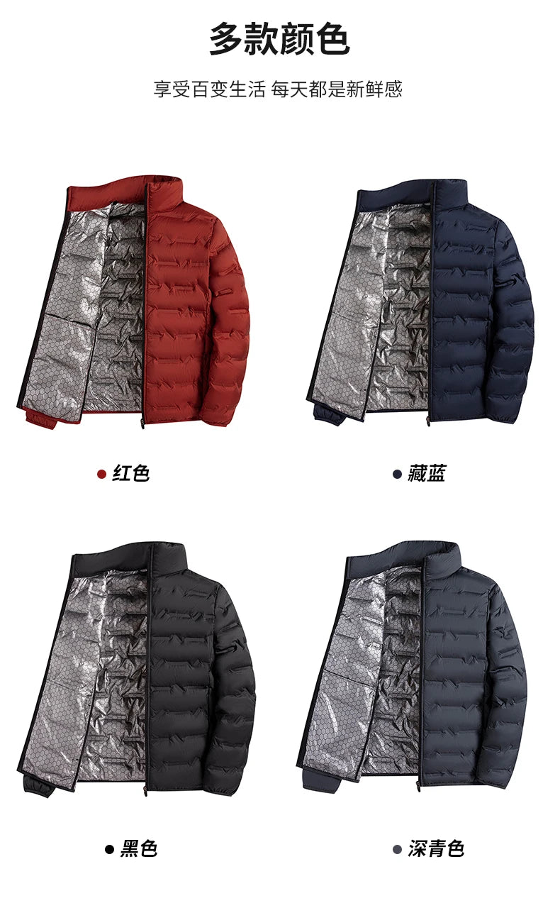 Graphene Self-Heating Down Jacket for Men – Solid Windproof, Pleated Stand Collar, Warm Winter Outerwear