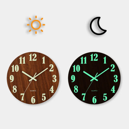 12-Inch Luminous Wall Clock — Nordic Wooden Silent Clock with Night Light, Non-Ticking Design for Dark Room