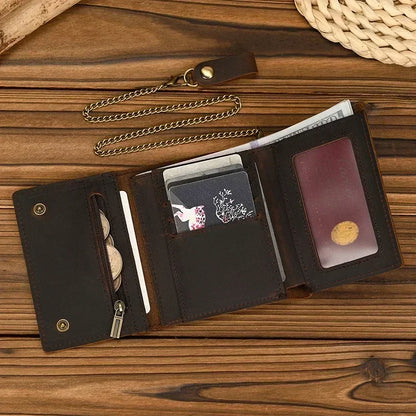 Men’s Genuine Leather Short Wallet with Chain – Trifold Zipper Clutch, Card Holder & Coin Purse