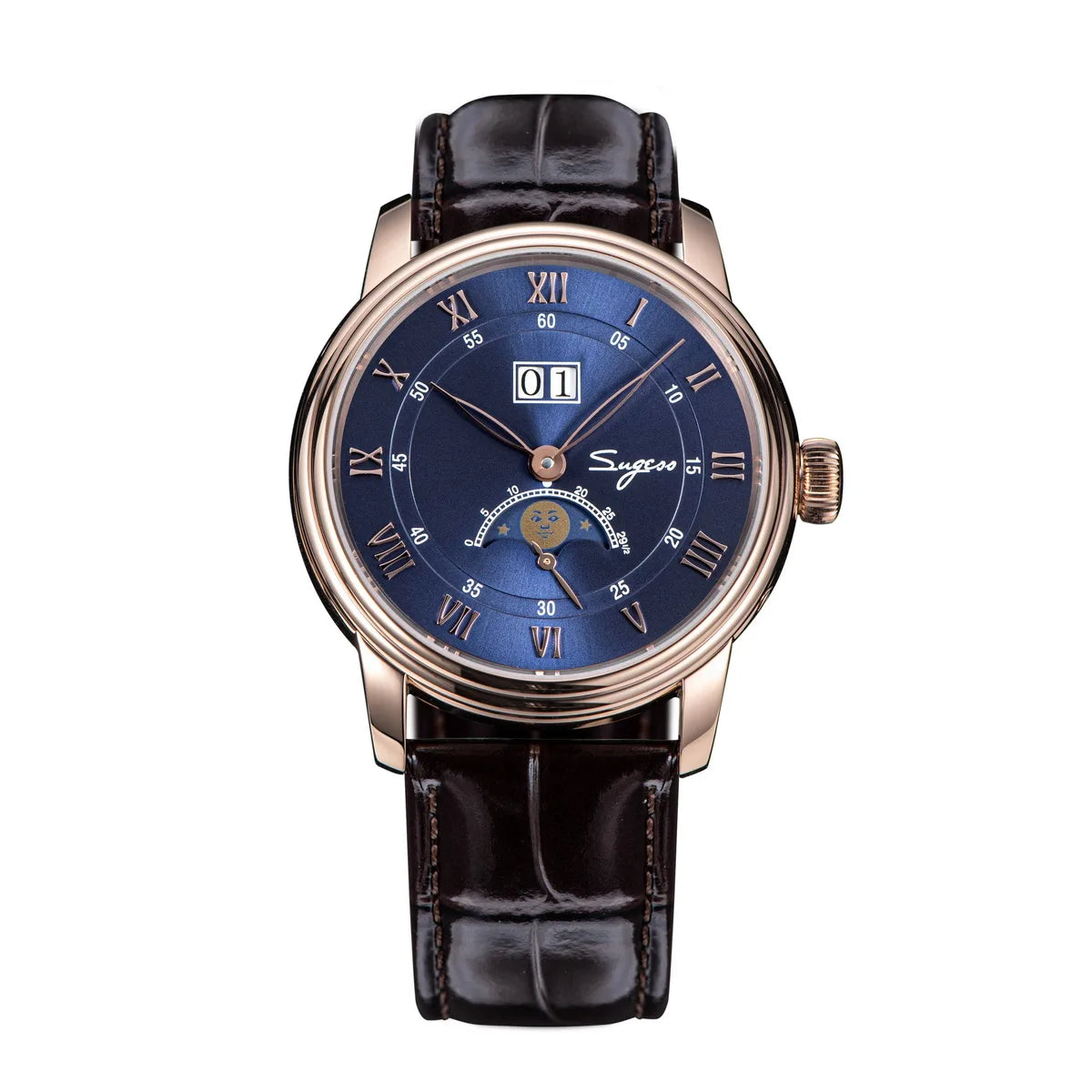 Sugess Moonphase Men’s Automatic Mechanical Watch — 40MM Stainless Steel with Seagull ST2528 Movement and Blue Sandstone Dial