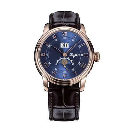 Sugess Moonphase Men’s Automatic Mechanical Watch — 40MM Stainless Steel with Seagull ST2528 Movement and Blue Sandstone Dial