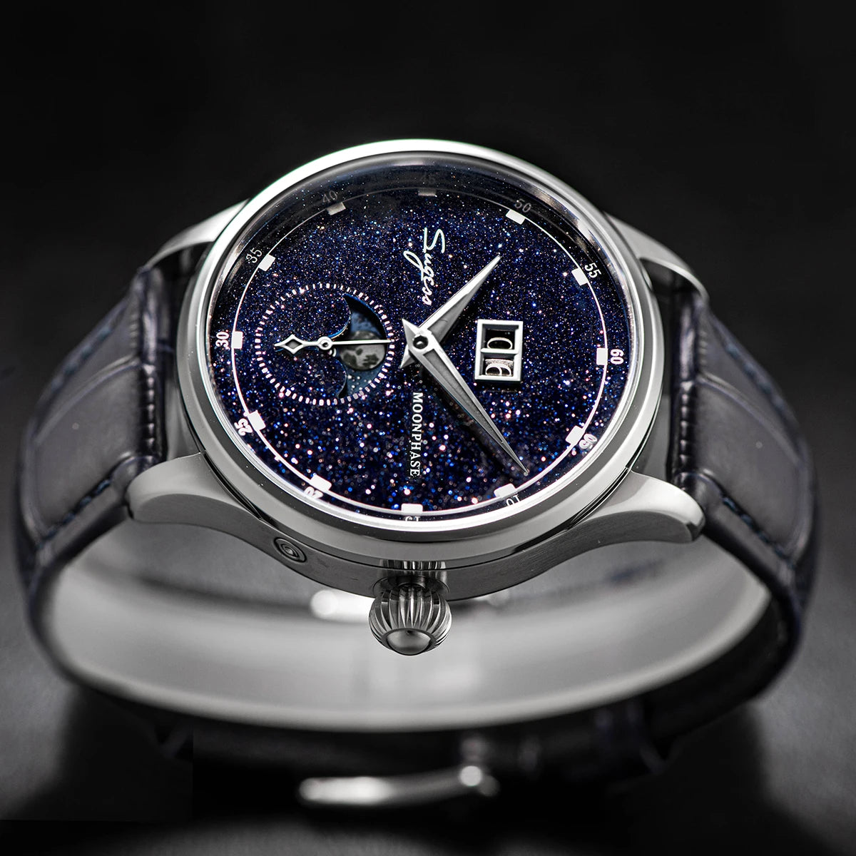 Sugess Moonphase Men’s Automatic Mechanical Watch — 40MM Stainless Steel with Seagull ST2528 Movement and Blue Sandstone Dial