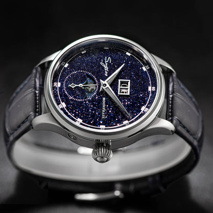 Sugess Moonphase Men’s Automatic Mechanical Watch — 40MM Stainless Steel with Seagull ST2528 Movement and Blue Sandstone Dial