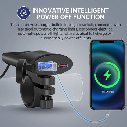 Extractme Motorcycle USB Charger: 30W QC3.0 Type C Charger - IP67 Waterproof with Handlebar Mounting Bracket for Moto Phone Charging