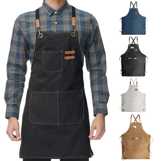 Household Canvas Apron – Oil-Proof Kitchen Cooking Apron with Tool Pockets for Men & Women