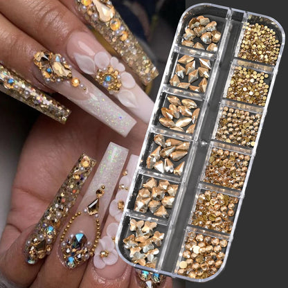 12-Grid 3D Glass AB Crystal Nail Art Rhinestones Kit – Flatback Round Beads with Tools for Nail Jewelry & Diamond Decoration