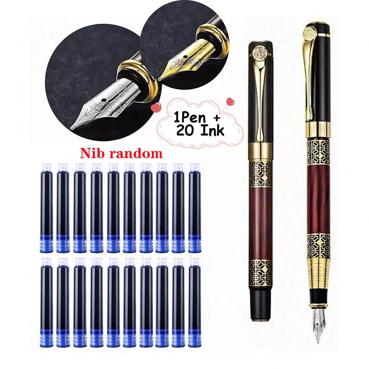 Retro Metal Fountain Pen — 1-100PCS Set with Replaceable Ink, Elegant Writing Pen for Office, School, and Stationery Gifts