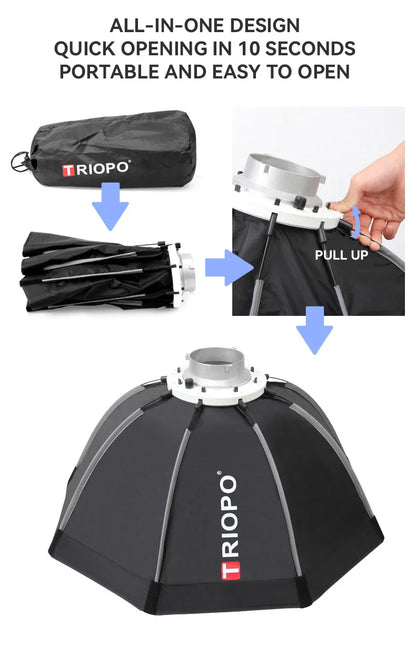 TRIOPO Foldable Octagon Softbox – 55cm, 65cm, 90cm, 120cm Bowens Mount for Sokani X100, COLBOR CL60, Godox & Aputure LED Video Lights
