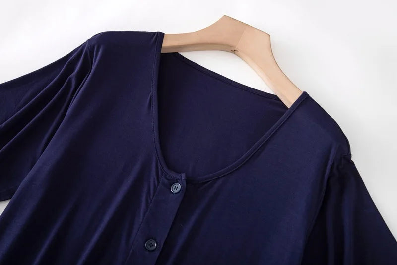 Women’s Modal Short-Sleeve Night Dress – Mid-Length Cotton Sleep Top with Buttons, Plus Size Pajamas