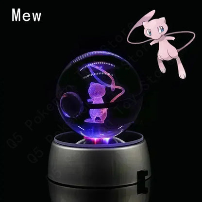 Pokemon 3D Crystal Ball Figurine — Pikachu, Gengar, Mew, Mewtwo Glass Statue with Lamp Base, Kids Birthday Gift