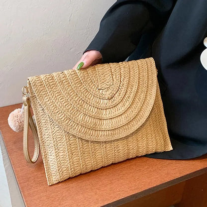 Handmade Straw Beach Bag – Small Woven Summer Shoulder Crossbody Clutch with Hair Ball