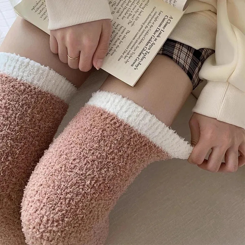 Winter Warm Coral Fleece Thigh High Socks for Women - Plush Over-Knee Long Socks, Soft and Cozy for Home and Sleep