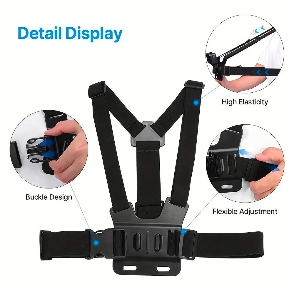 Action Camera Accessories Kit - Adjustable Head Strap & Chest Mount Holder for GoPro, DJI, Insta360 & More