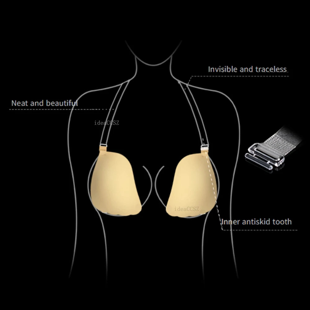 Reusable Silicone Sticky Bra - Backless Strapless Push-Up Wedding Lingerie with Invisible Nipple Covers, E Cup