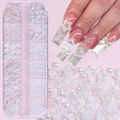 12 Grids Mixed Resin Bowknot Nail Art Decorations – 3D Acrylic Charms & Kawaii Colorful Rhinestone DIY Manicure Parts