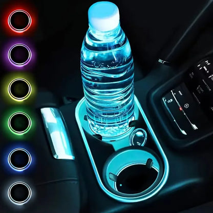 7-Color Changing Car Cup Holder Lights - USB Rechargeable LED Ambient Glowing Coaster Pads with Anti-Slip Design