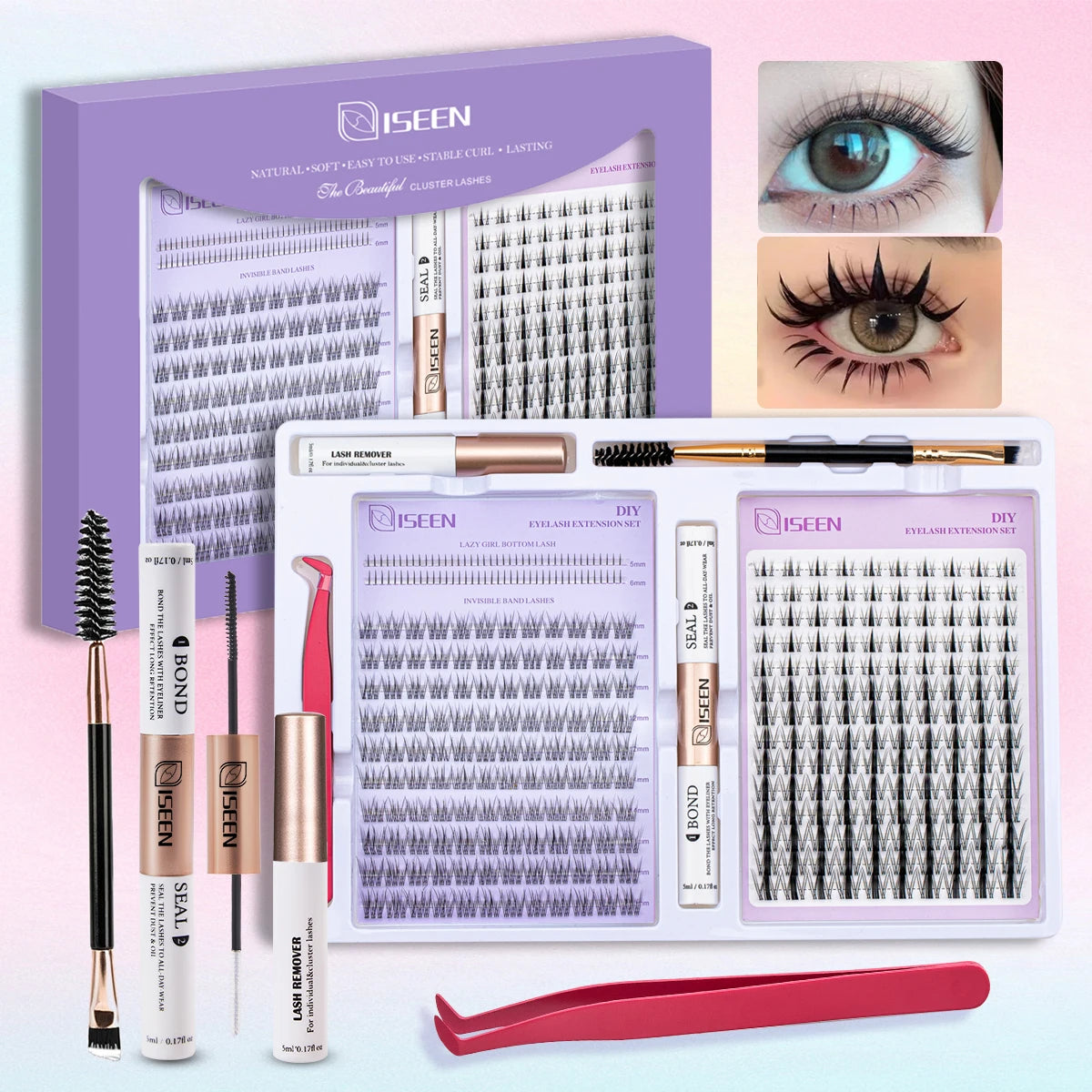 DIY Eyelash Extension Kit – Cluster Mix Eyelashes Set with Lash Bond & Seal, Tweezers & Brush for Full Lash Look