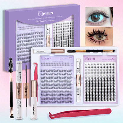 DIY Eyelash Extension Kit – Cluster Mix Eyelashes Set with Lash Bond & Seal, Tweezers & Brush for Full Lash Look