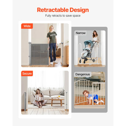 SucceBuy Retractable Baby Safety Gate 55/71/110 Inch – 34 Inch Tall Extendable Mesh Barrier for Kids & Pets, Easy Install Indoor Doorway Gate