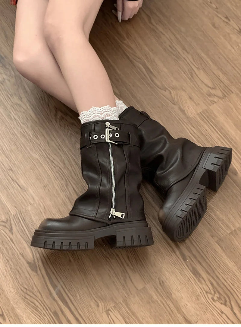 Women’s Winter Biker Boots – Fashion Belt Buckle Platform Short Booties, Casual Knight-Style Flats