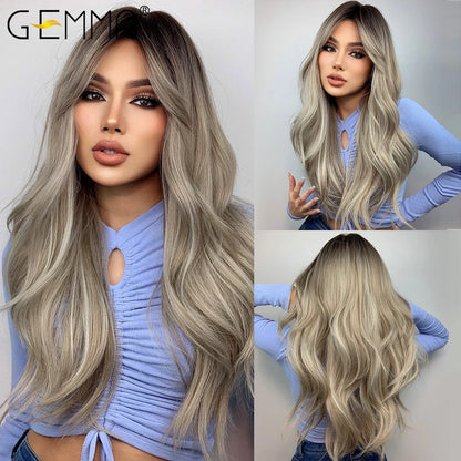 GEMMA Ombre Brown Blonde Synthetic Wig with Bangs – Long Straight Cosplay Wig for Women, High-Temperature Fiber