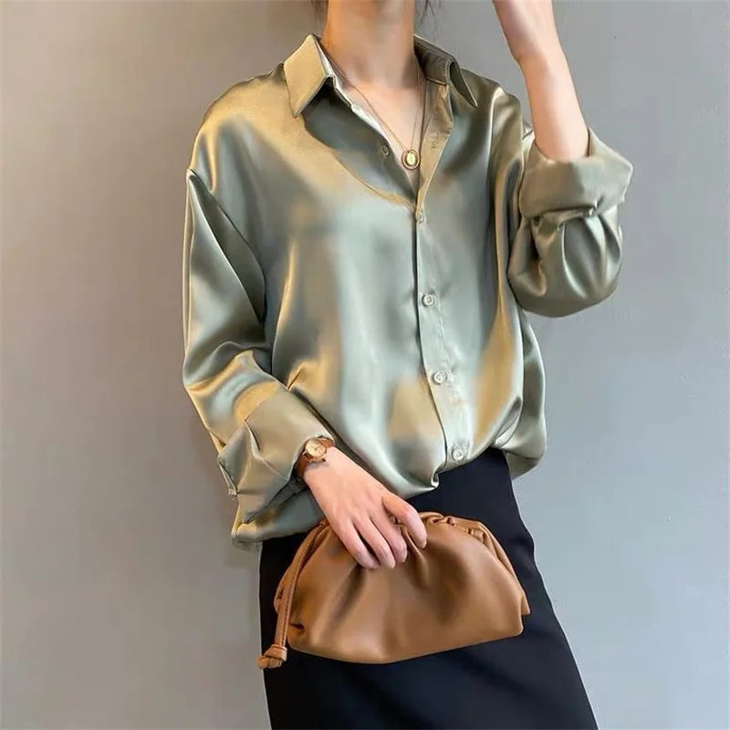 Women’s Spring & Autumn Blouse — Casual Long Sleeve Shirt with Turn-Down Collar DF4849