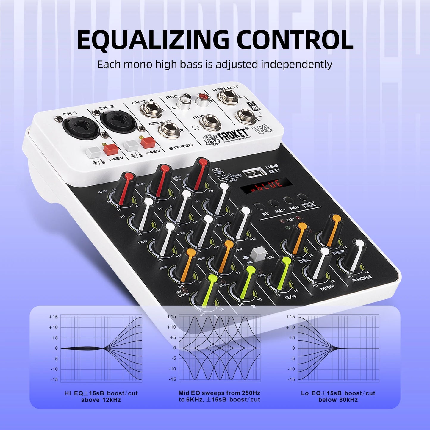 V4 4-Channel Audio Interface Mixer — USB & Bluetooth with 48V Phantom Power, Effects & Recording