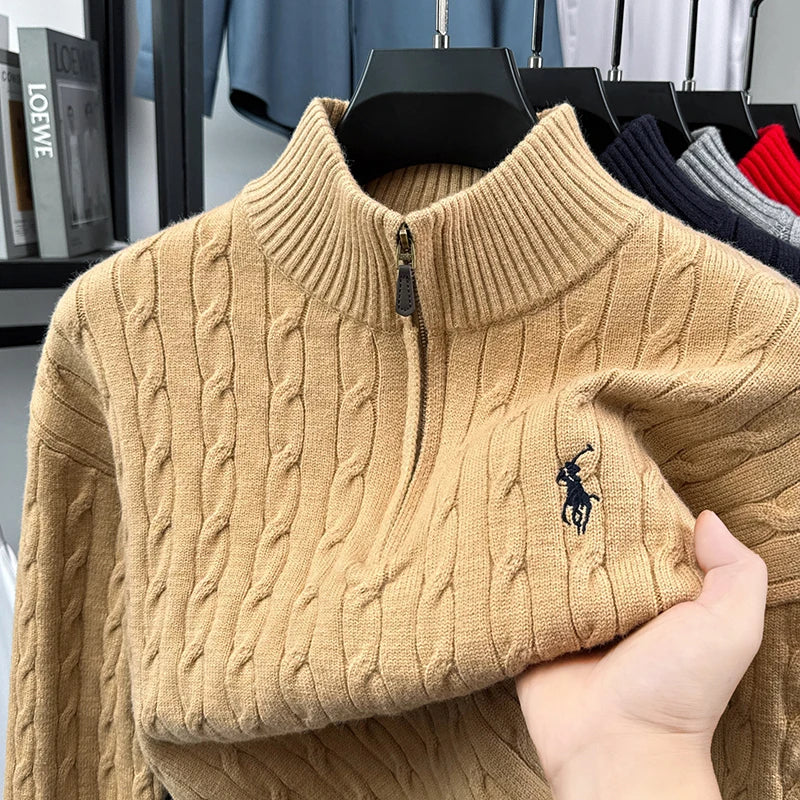Heshi Men's Vintage Zipper Sweater - Stand Collar 3D Embroidery Autumn Winter Knitwear Casual Pullover