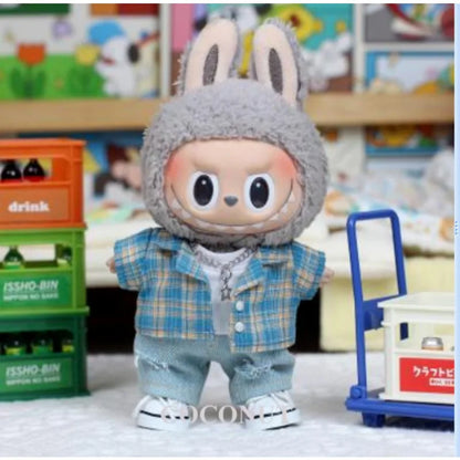 Labubu 17cm Doll Summer Outfit – Cool Shirt & Ripped Jeans Set | Trendy Casual Vinyl Doll Clothes