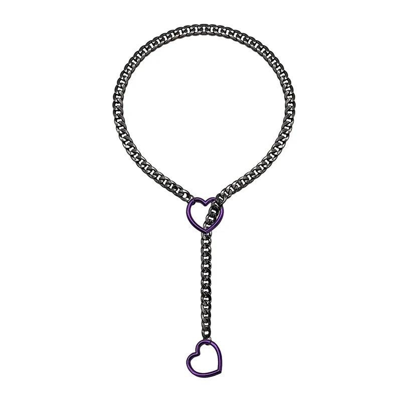 Heart O-Ring Punk Rock Necklace – Stainless Steel Cuban Chain Y-Necklace for Women