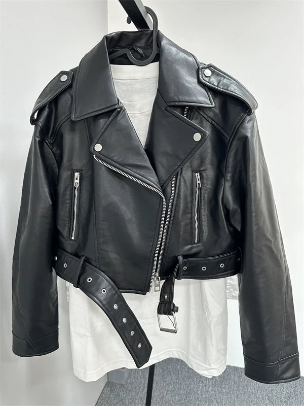 RARF 2024 Women's Washed Leather Jacket – Coal Gray Short Coat with Belt, Vintage Lapel & Zipper