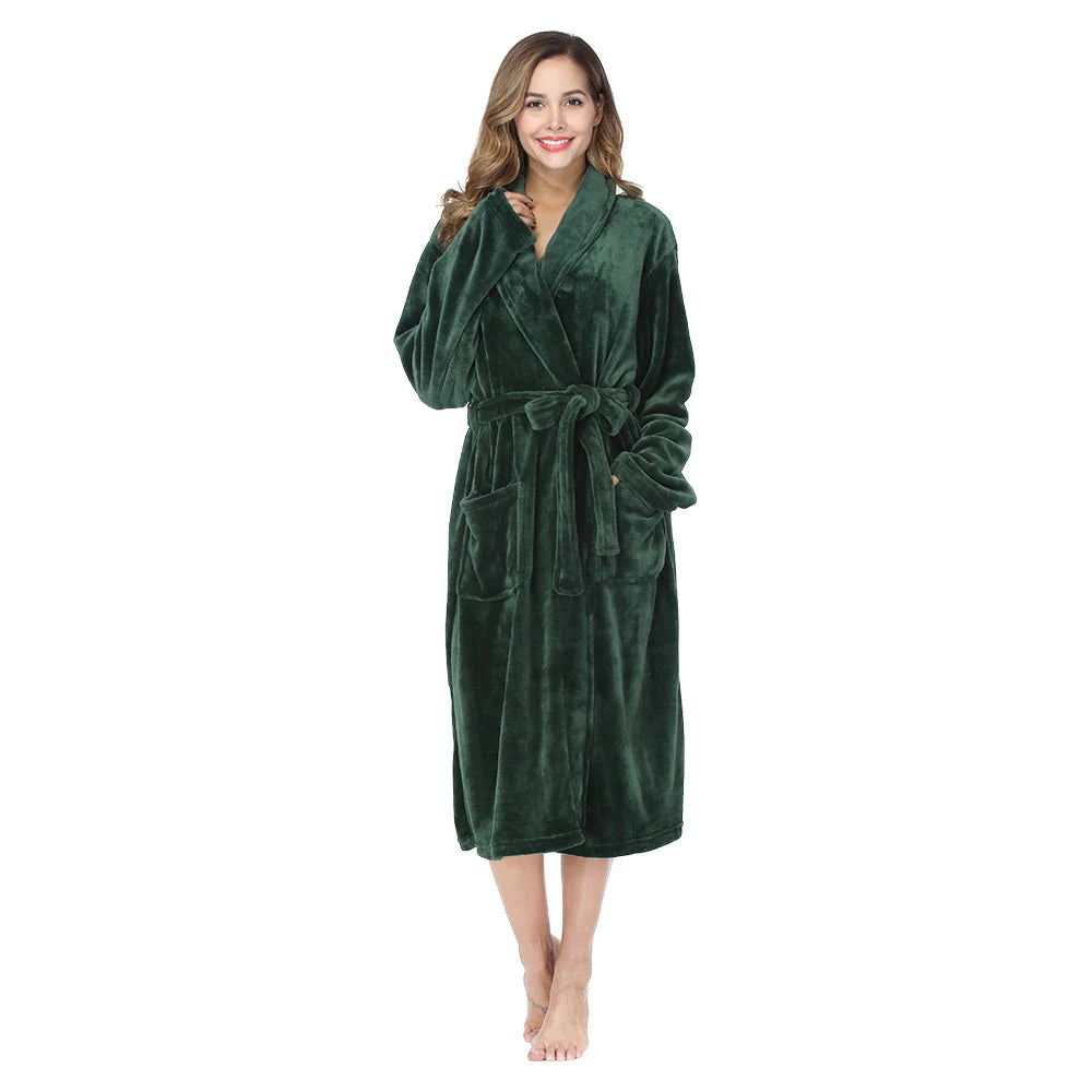 RONGTAI Women's Solid Color Lapel Bathrobe - Warm, Comfortable Long-Sleeved Robe for Autumn and Winter Homewear