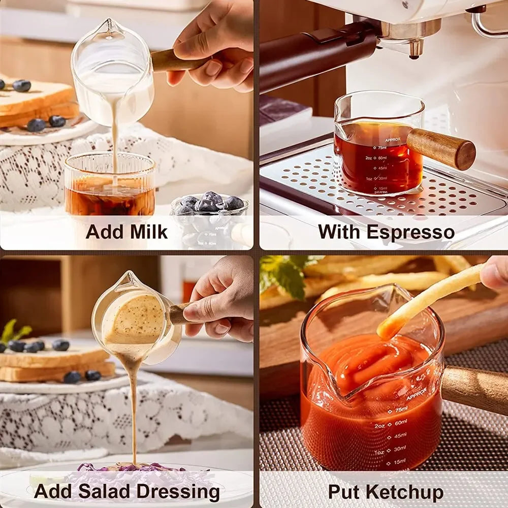 Glass Measuring Cup with Wood Handle – Clear Espresso and Milk Coffee Mug with Double Spout