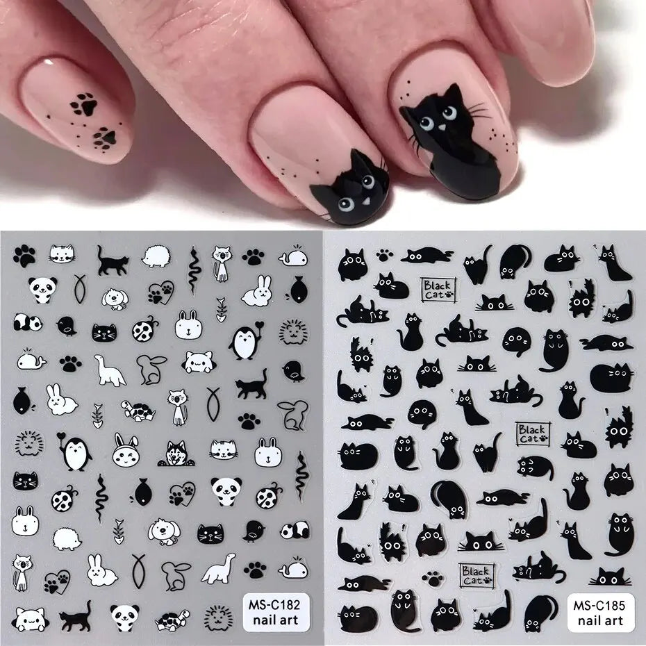 2PCS 3D Black Cat Nail Stickers - Cute Cartoon Self-Adhesive Nail Art Decals for Manicure
