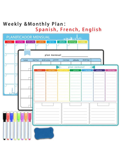 A3 Dry Erase Whiteboard Fridge Calendar – Weekly & Monthly Planner in Spanish, French, English