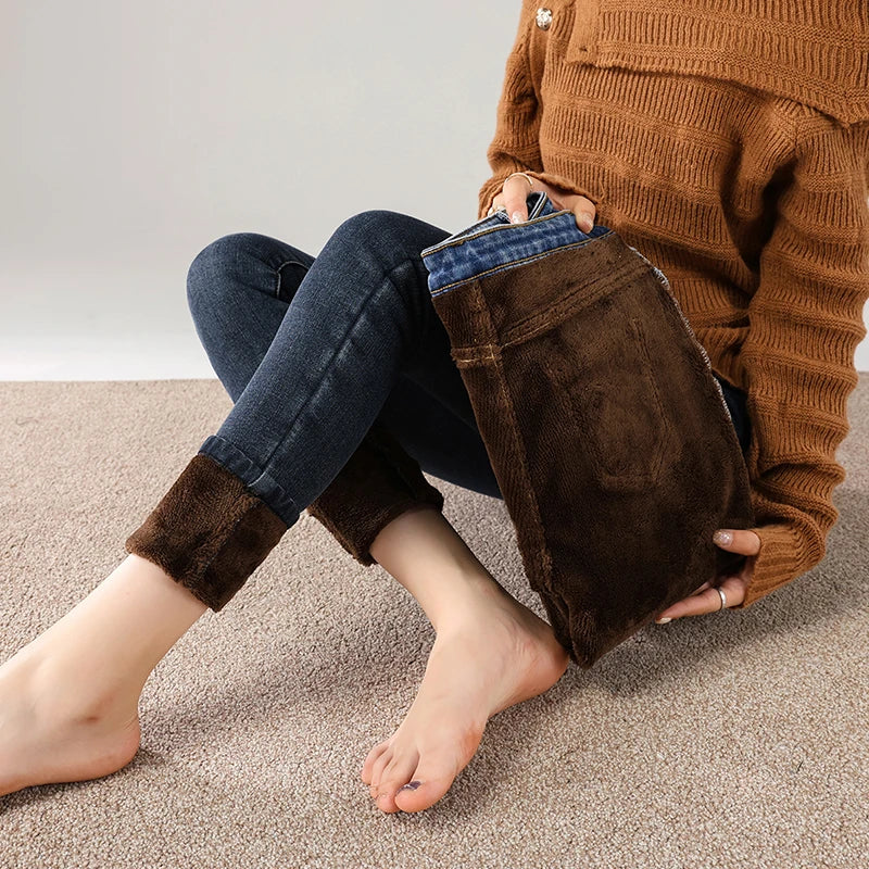 Women’s Thermal Fleece Jeans – Winter Warm Thickened Skinny Velvet Pants