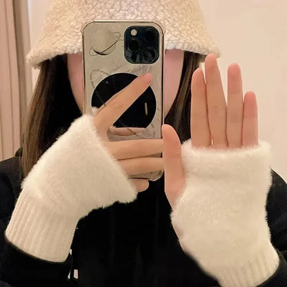 New Mink Fleece Half Finger Gloves for Women - Soft Winter Warmth | Luxury Solid Color Plush Knitted Fingerless Gloves