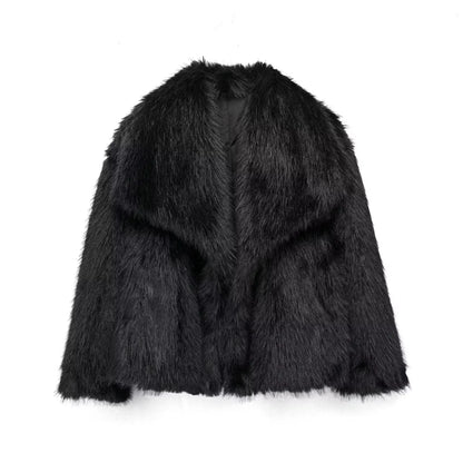 TRAF 2024 Women's Cropped Faux Fur Jacket – Chic Lapel Collar, Long Sleeve, Front Snap-Button Thick Coat