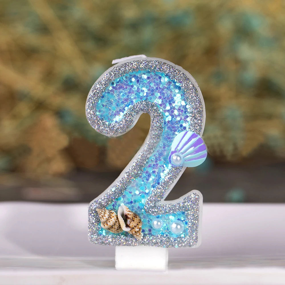 1Pcs Blue Shell Glitter Number Candle - Birthday Cake Topper, Wedding Digital Dessert Decor for Celebration, Birthday Decoration