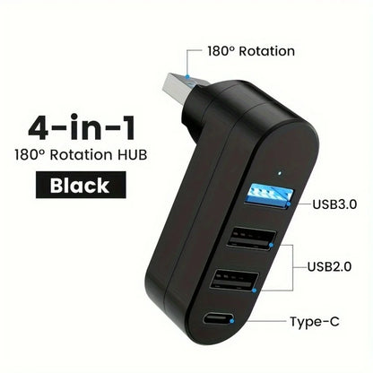 4-Port USB 3.0 Hub - Rotatable Multi-Port USB Data Transfer Expander for Laptop, MacBook & PC