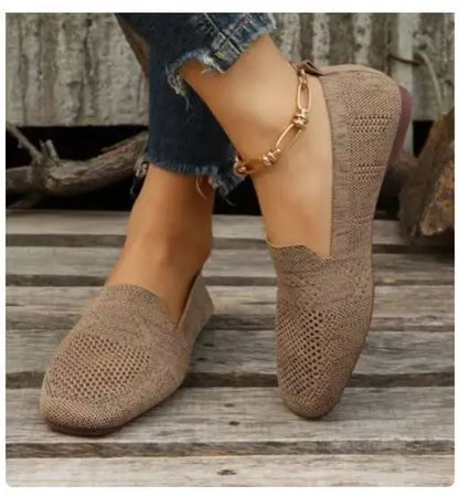 Solid Color Square Toe Mesh Loafers – Women’s Casual Slip-On Ballet Flats, Soft Bottom Knit Boat Shoes