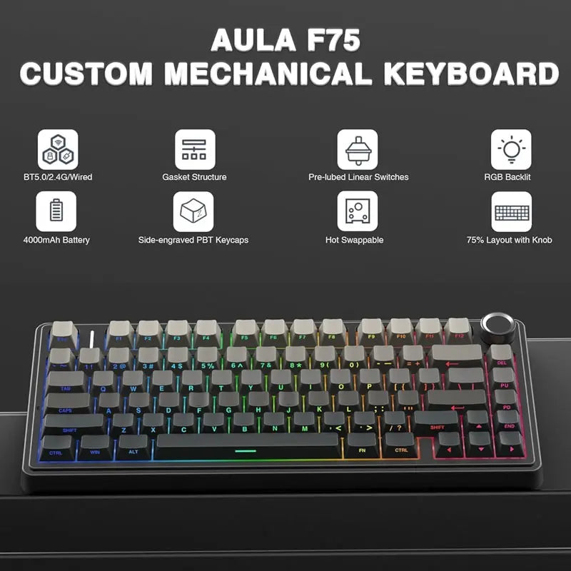 AULA F75 Gaming Mechanical Keyboard - 75% RGB Gasket Mount Hot-Swappable Keyboard with PBT Keycaps