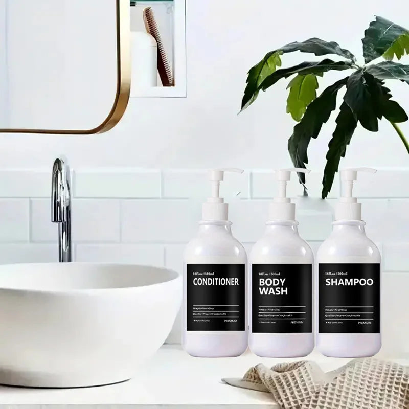 3 Pack 500ml Soap Dispenser Bottles with Labels – Kitchen & Bathroom Shampoo, Conditioner, Liquid Soap Containers