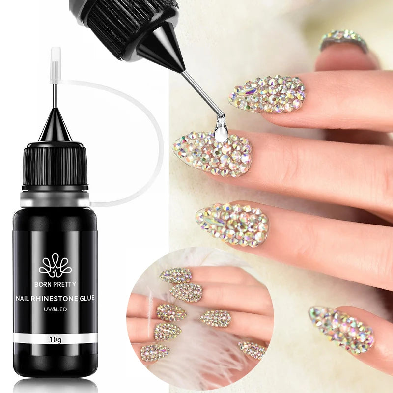 BORN PRETTY 10g Gel Nail Glue for Rhinestones - Super Adhesive, No Wipe Nail Gem Glue for 3D Crystals, Beads, Diamonds & Stickers