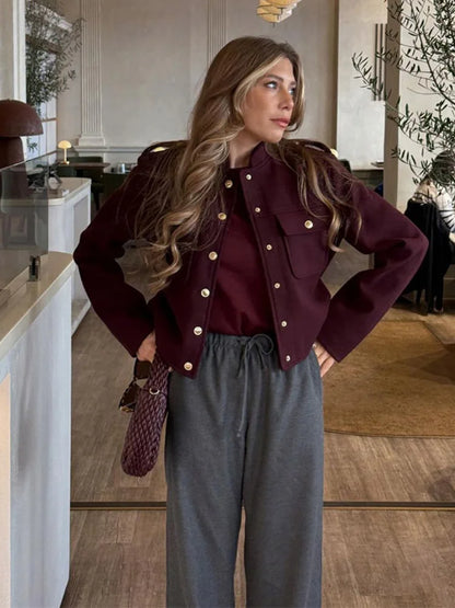 2025 Women's Burgundy Woolen Coat – Fashion Stand Collar, Puff Sleeves, Oversized Elegant High Street Jacket