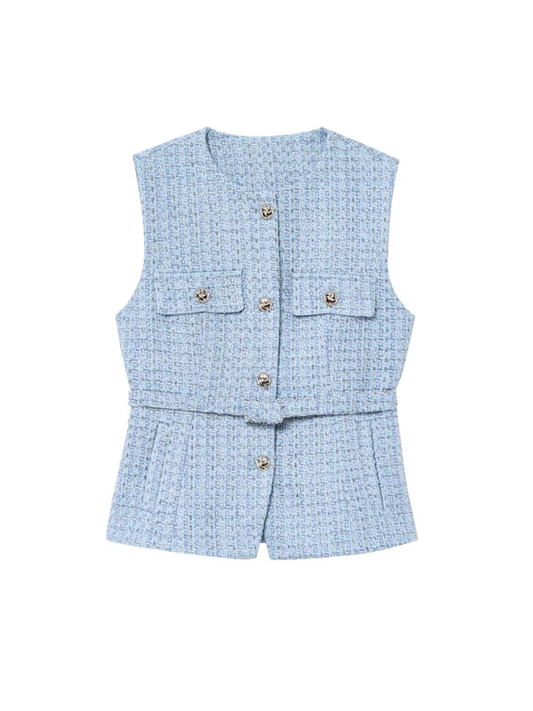 TRZA Women’s Tweed Waistcoat — Sleeveless O-Neck Top with Belt & Front Buttons, Chic Fashion Outerwear